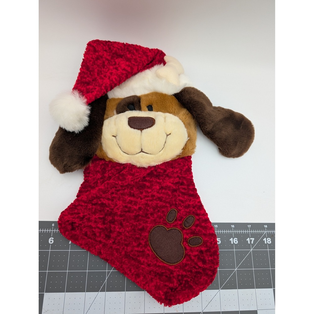 Dan Dee Christmas Stocking Red Brown Puppy Dog Santa Hat Bone Paw Print Plush‎